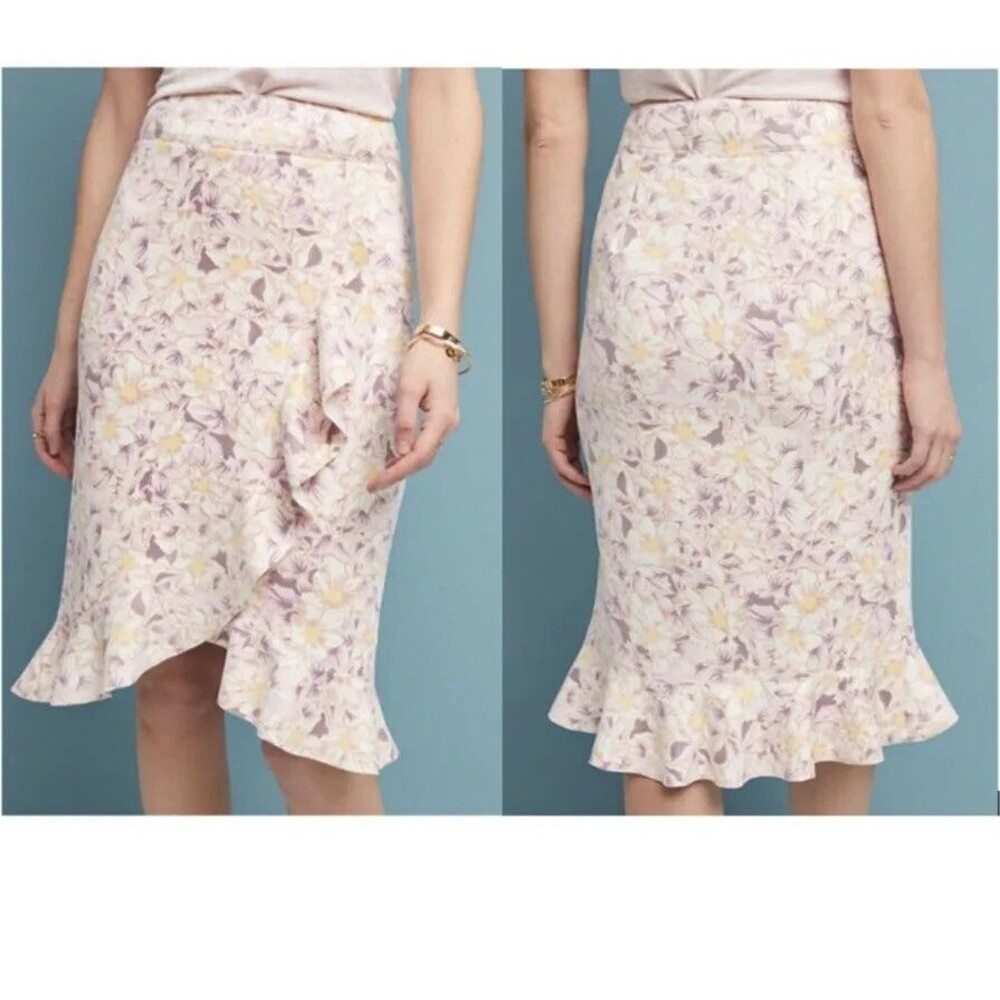 By Anthropologie Size 8 Cream Floral Skye Ruffled Faux Wrap Faux Suede Skirt 853